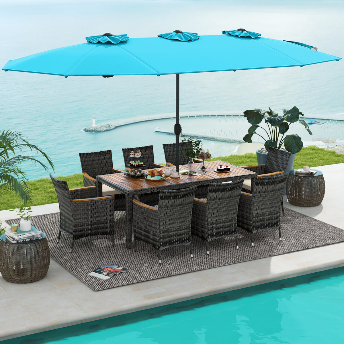 10 Pieces Wicker Outdoor Dining Set for 8 with 15 Feet Patio Umbrella