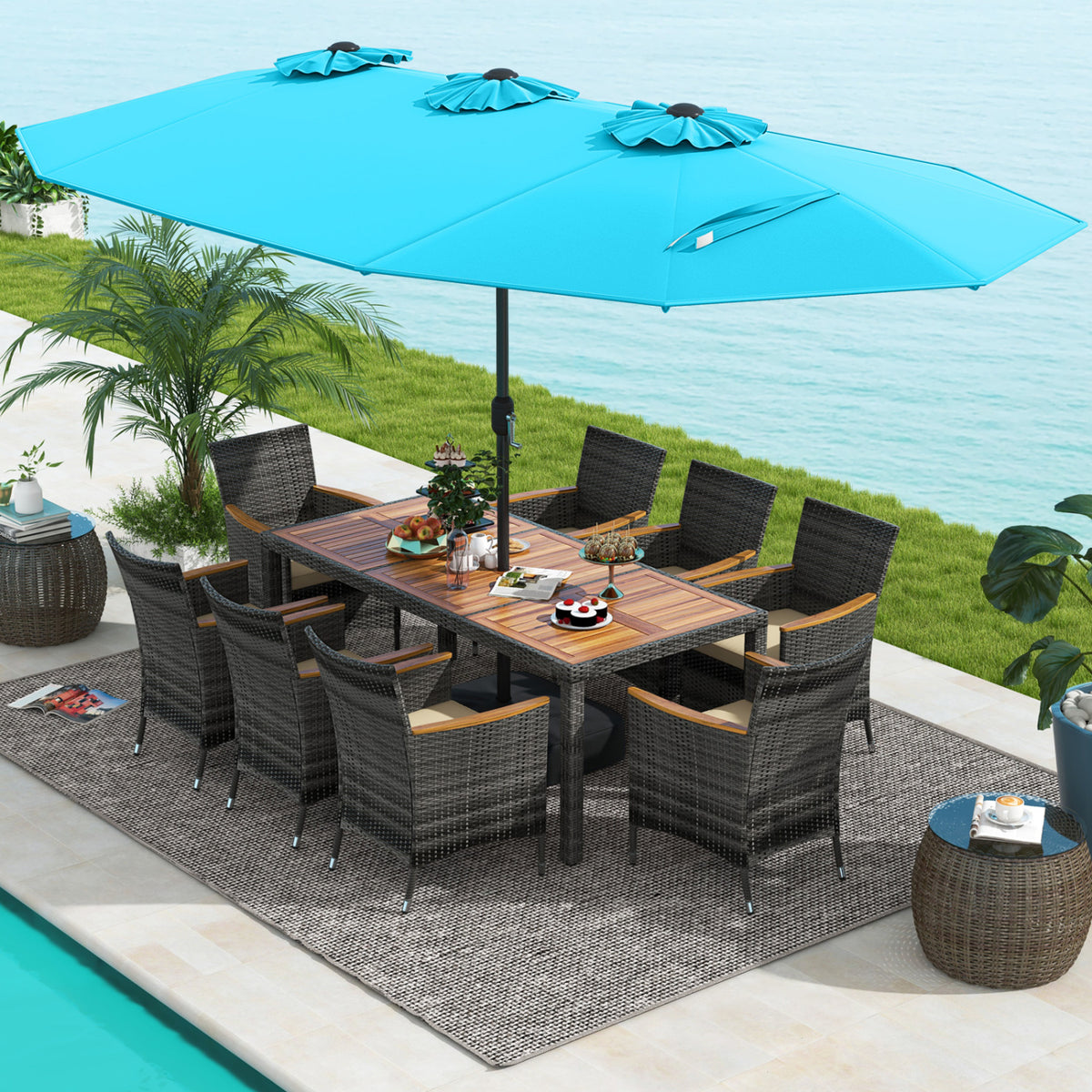 10 Pieces Wicker Outdoor Dining Set for 8 with 15 Feet Patio Umbrella