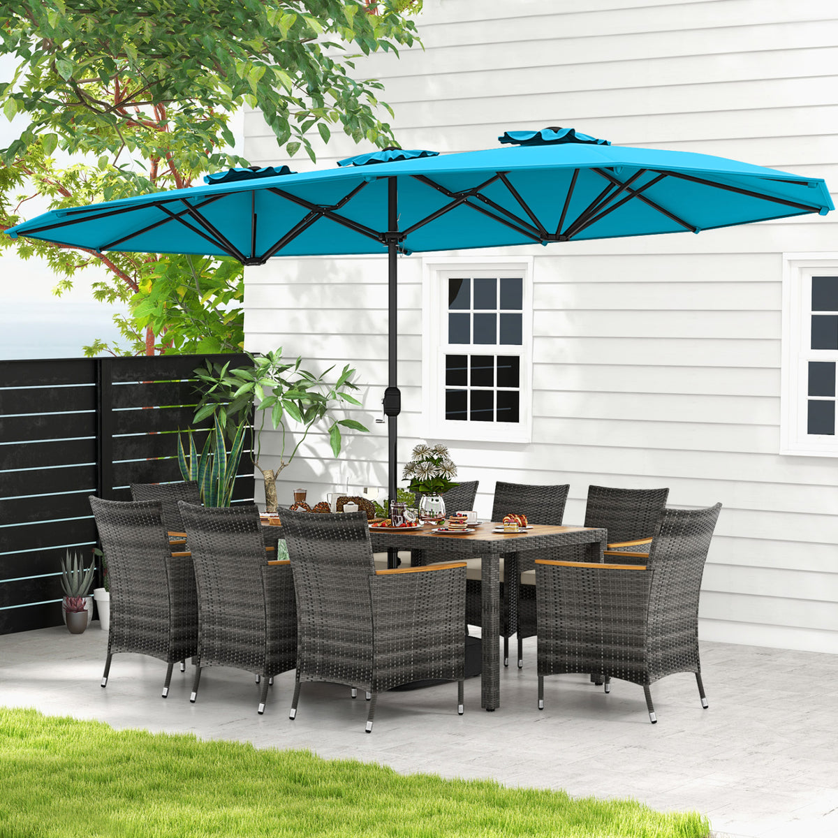 10 Pieces Wicker Outdoor Dining Set for 8 with 15 Feet Patio Umbrella