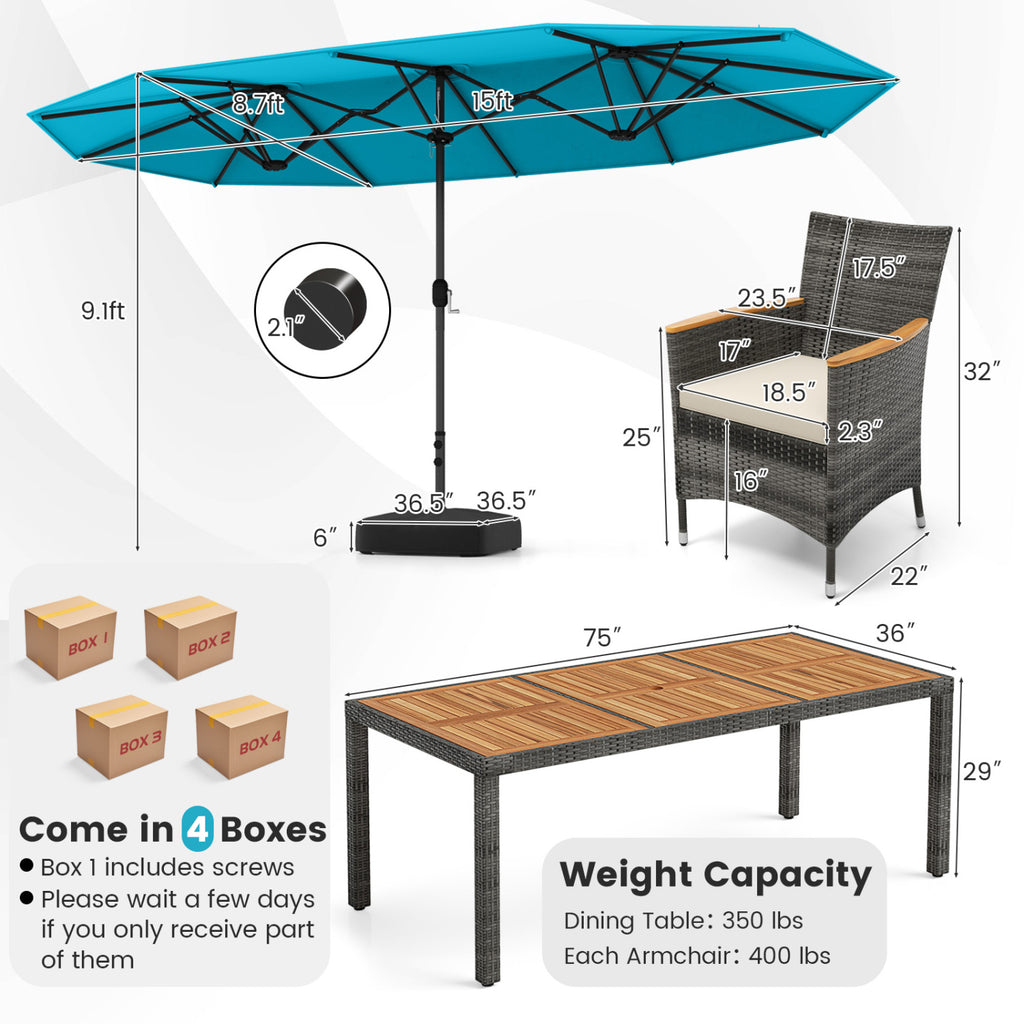 10 Pieces Wicker Outdoor Dining Set for 8 with 15 Feet Patio Umbrella