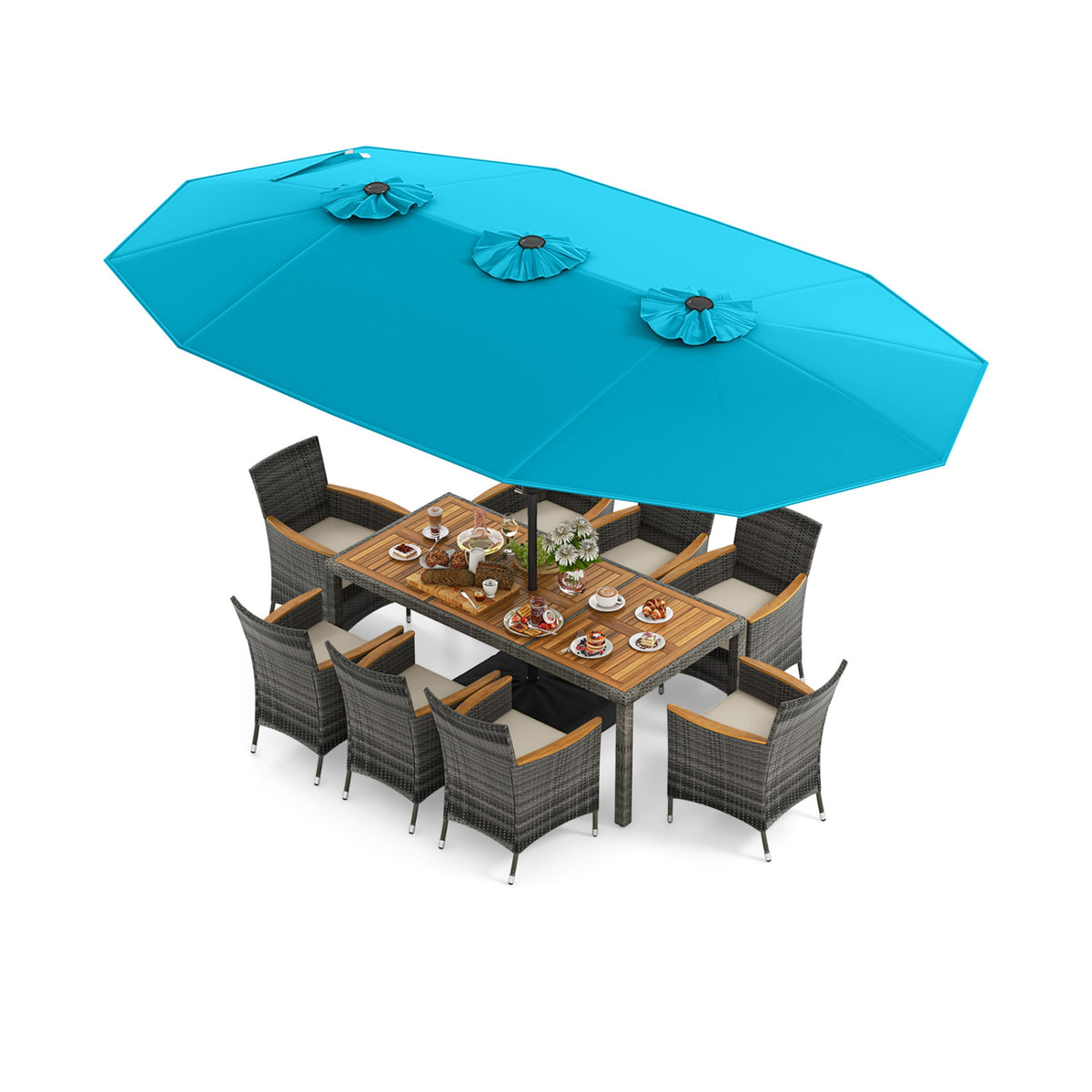 10 Pieces Wicker Outdoor Dining Set for 8 with 15 Feet Patio Umbrella