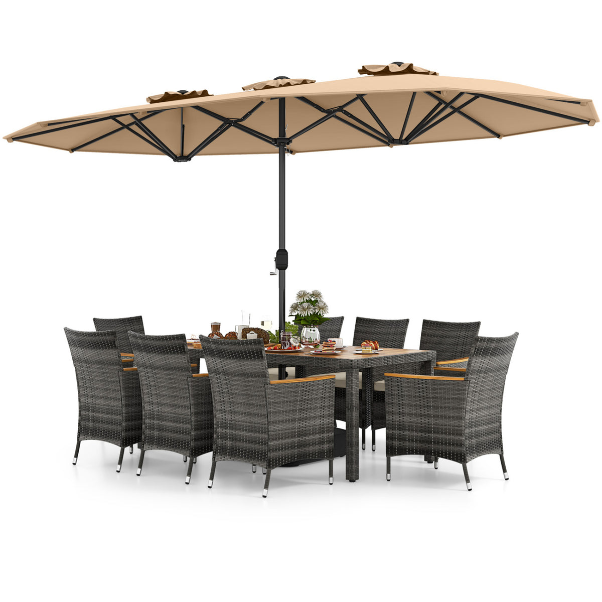 10-Piece Patio Dining Set for 8 with Umbrella - Brown