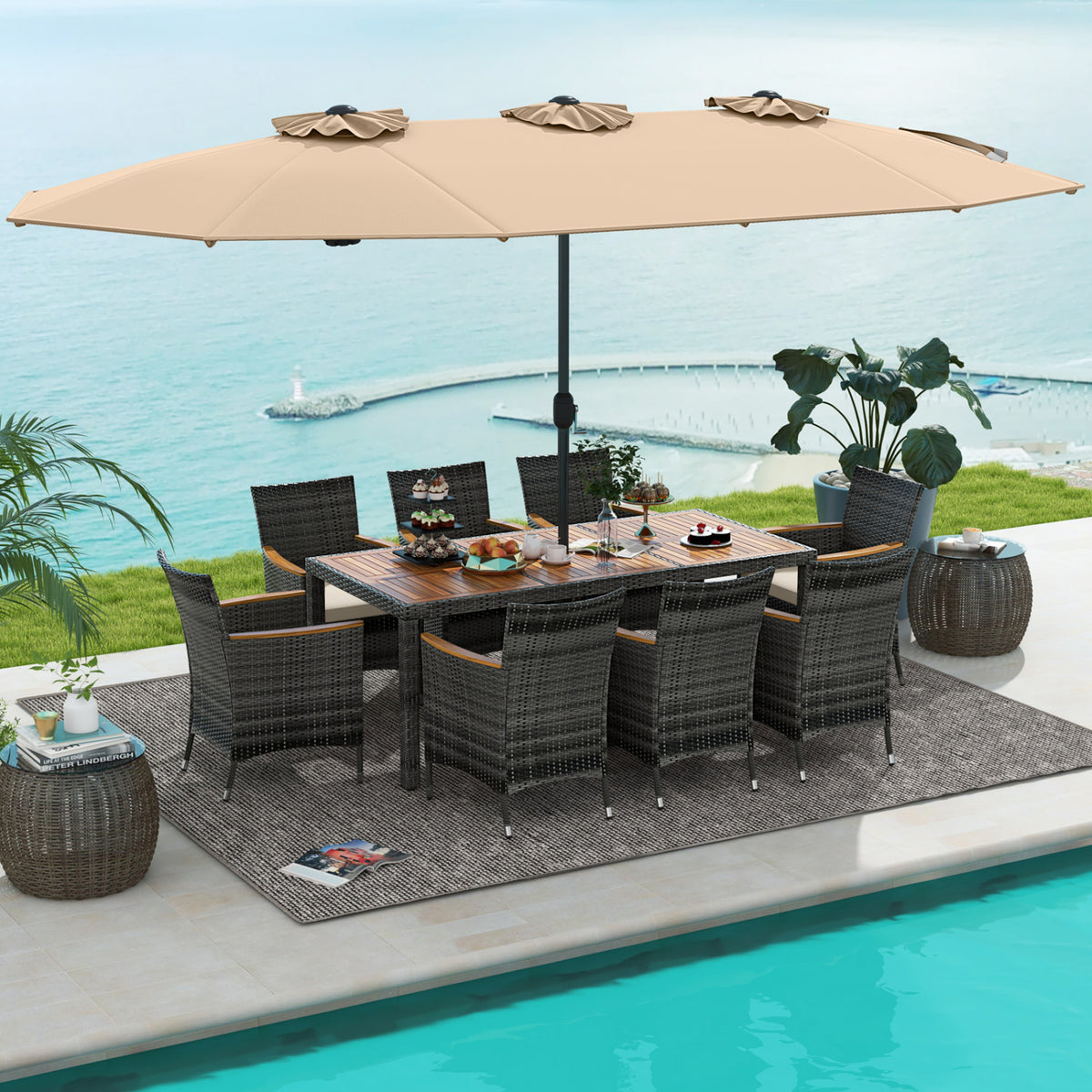10-Piece Patio Dining Set for 8 with Umbrella - Brown