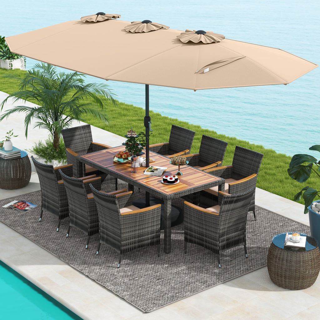 10-Piece Patio Dining Set for 8 with Umbrella - Brown