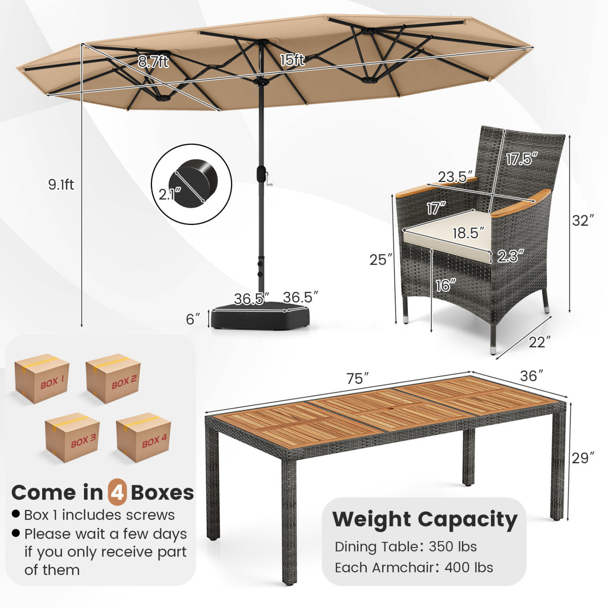 10-Piece Patio Dining Set for 8 with Umbrella - Brown