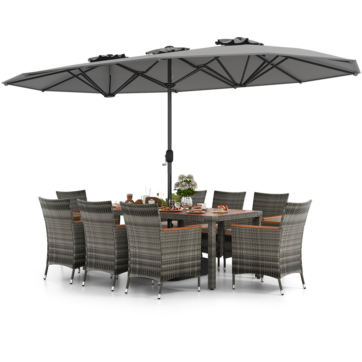 10 Pieces Wicker Outdoor Dining Set for 8 with 15 Feet Patio Umbrella