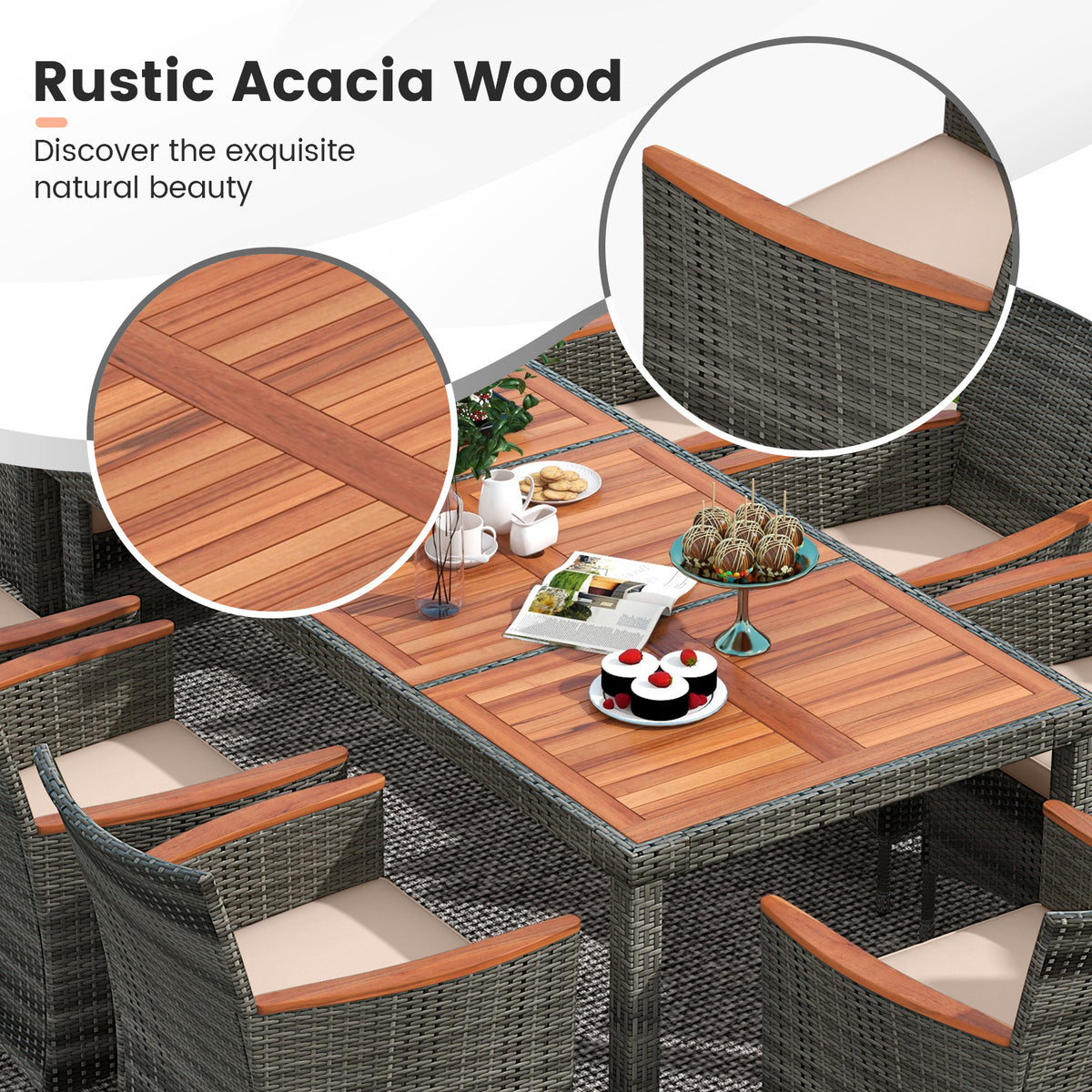 10 Pieces Wicker Outdoor Dining Set for 8 with 15 Feet Patio Umbrella