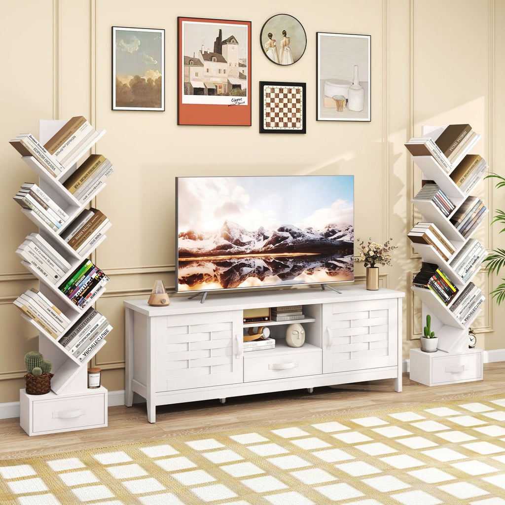 10-Tier Tree Bookshelf with Fabric Drawer - White