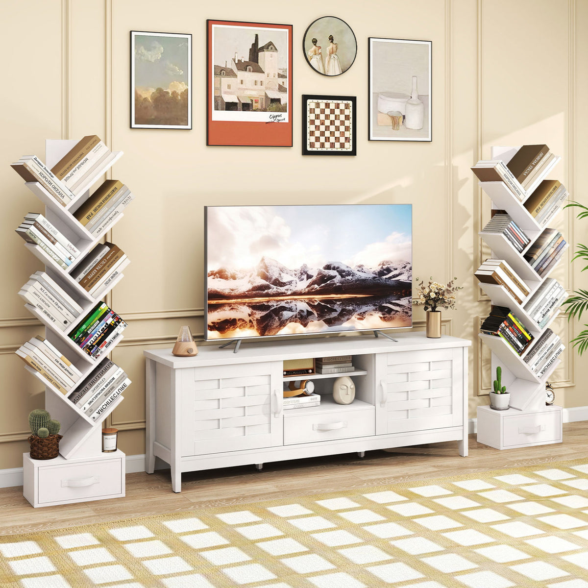10-Tier Tree Bookshelf with Fabric Drawer - White