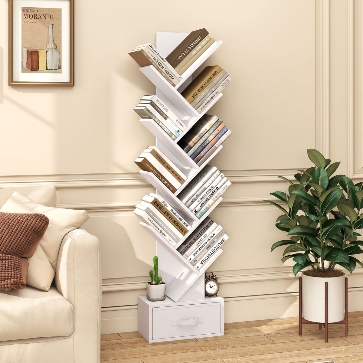 10-Tier Bookshelf with Drawer Free-standing Storage Bookcase