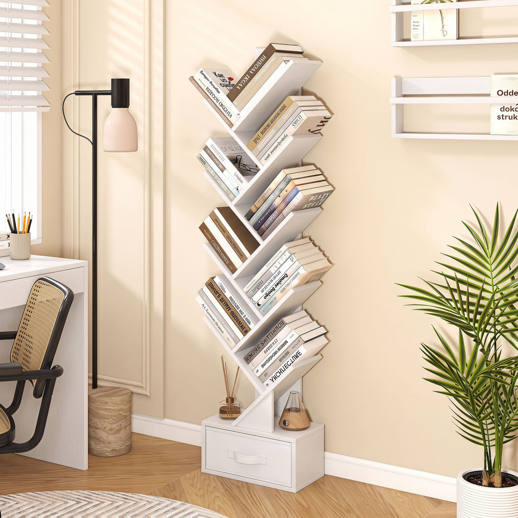 10-Tier Tree Bookshelf with Fabric Drawer - White