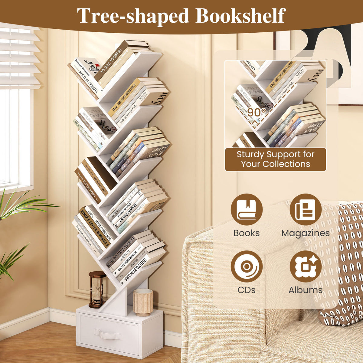 10-Tier Tree Bookshelf with Fabric Drawer - White