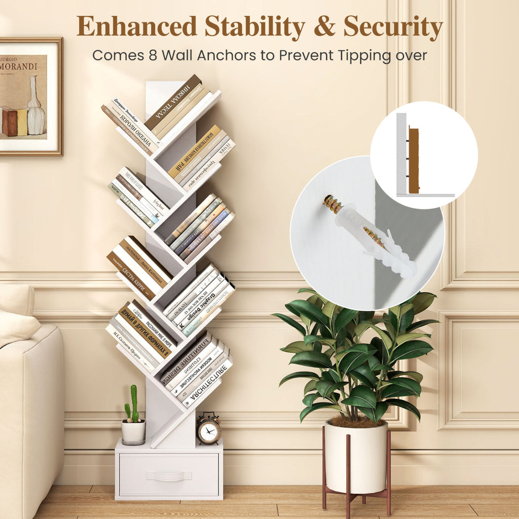 10-Tier Tree Bookshelf with Fabric Drawer - White