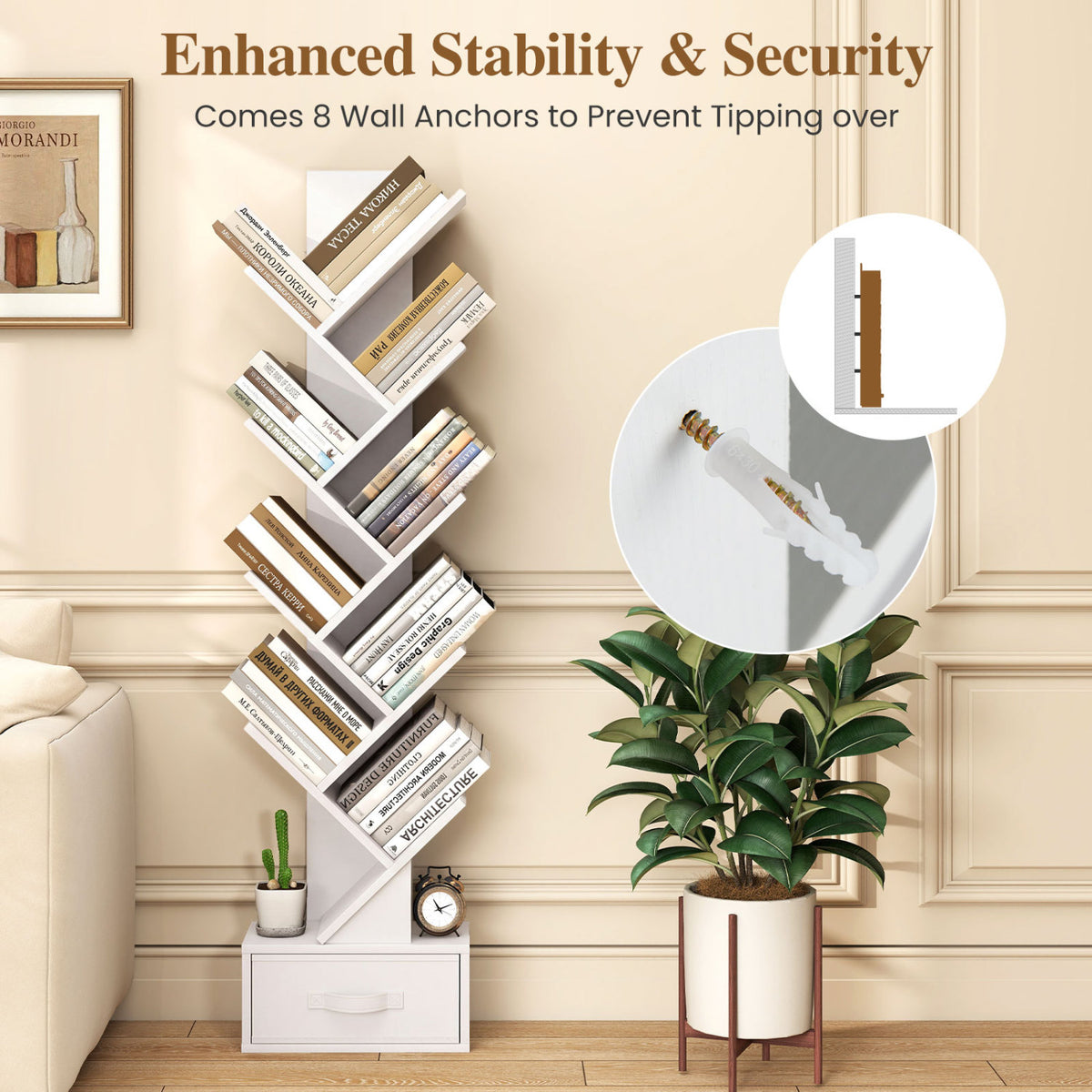 10-Tier Bookshelf with Drawer Free-standing Storage Bookcase
