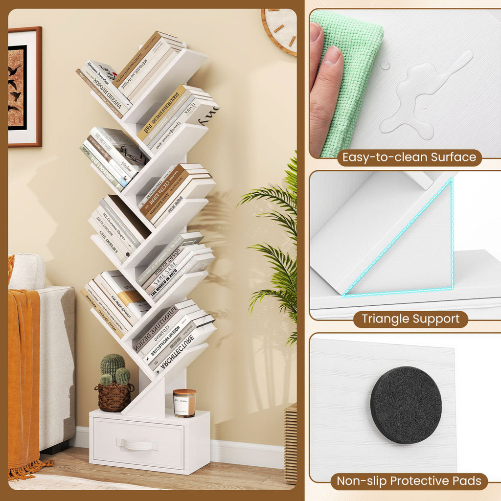 10-Tier Tree Bookshelf with Fabric Drawer - White