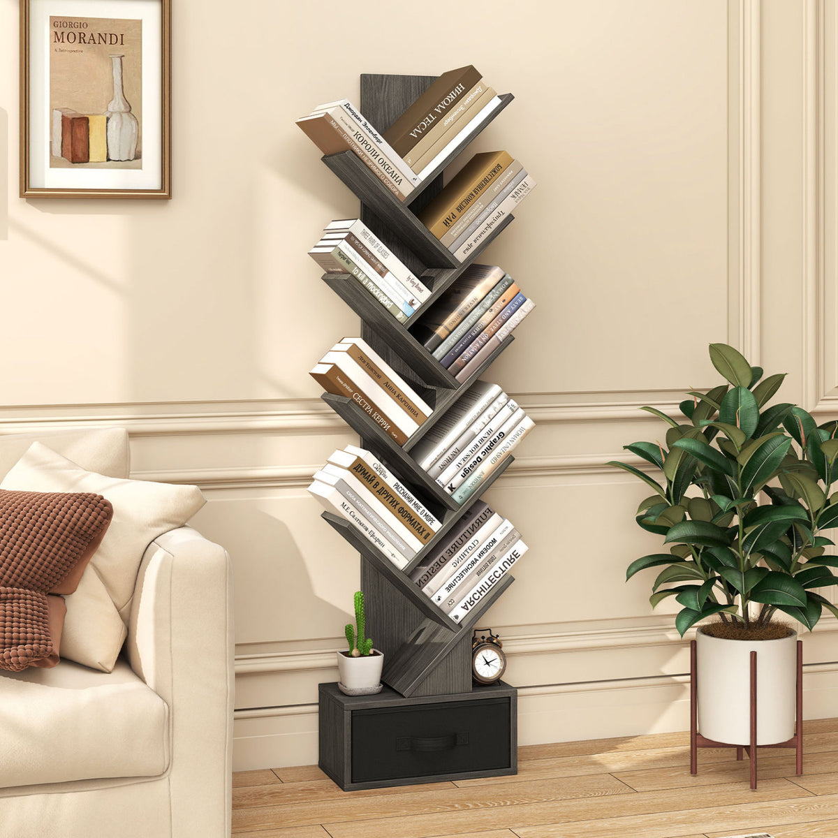 10-Tier Bookshelf with Fabric Drawer – Black & Gray