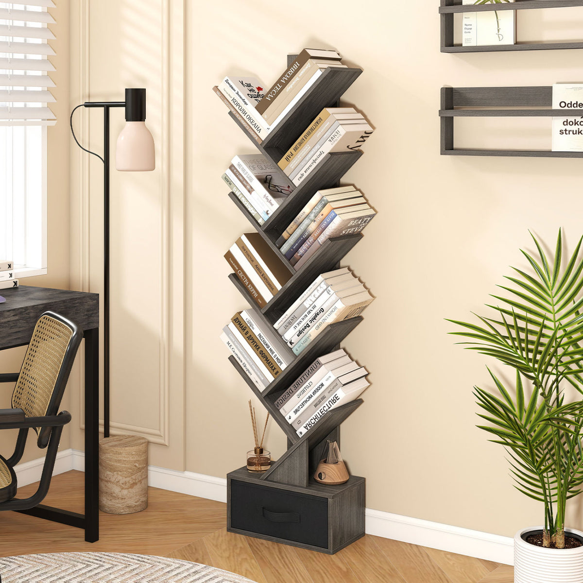 10-Tier Bookshelf with Drawer Free-standing Storage Bookcase