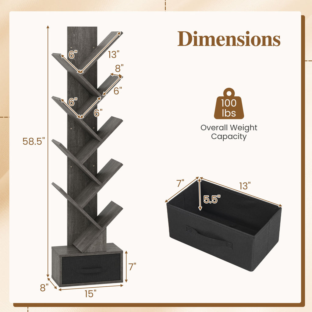 10-Tier Bookshelf with Fabric Drawer – Black & Gray