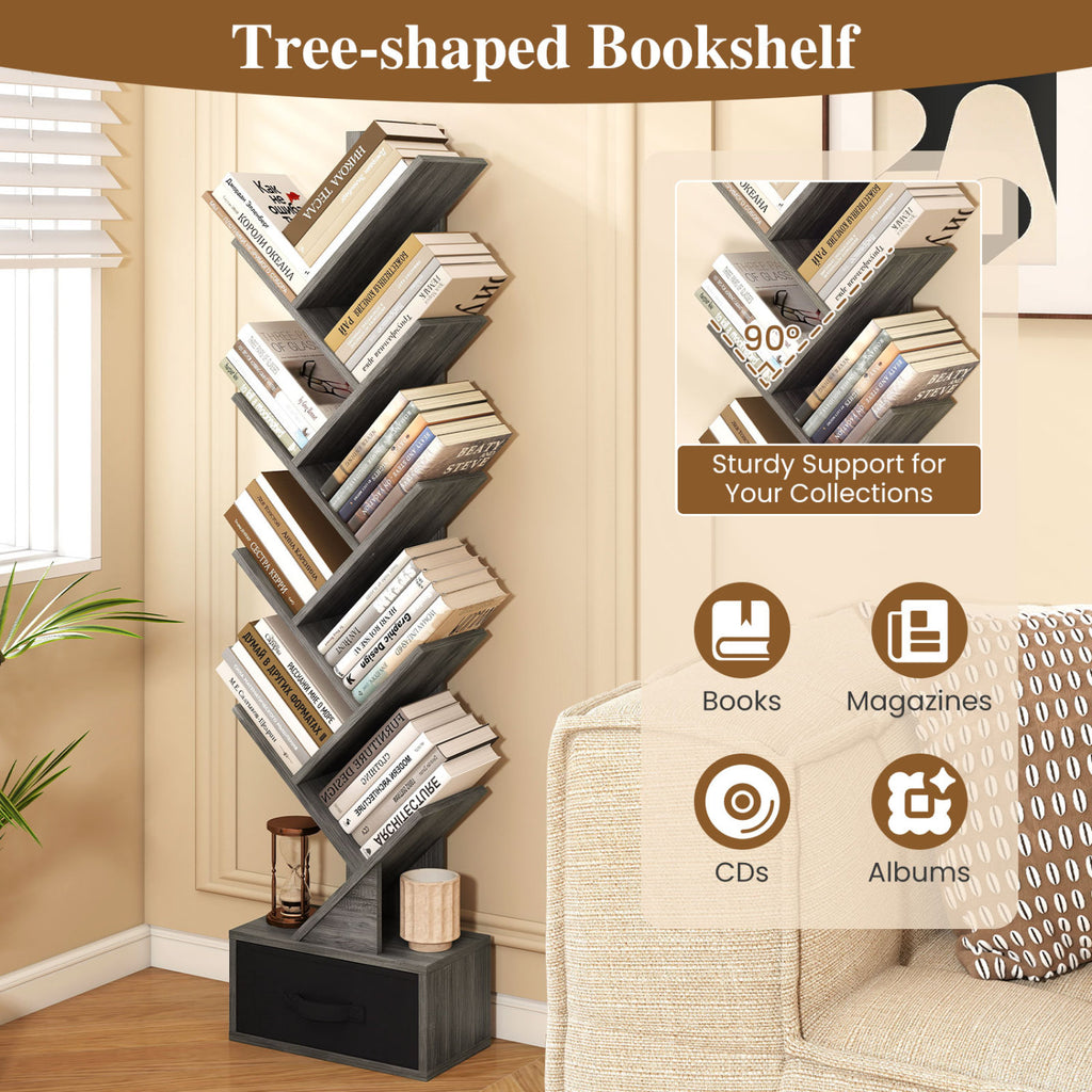 10-Tier Bookshelf with Fabric Drawer – Black & Gray