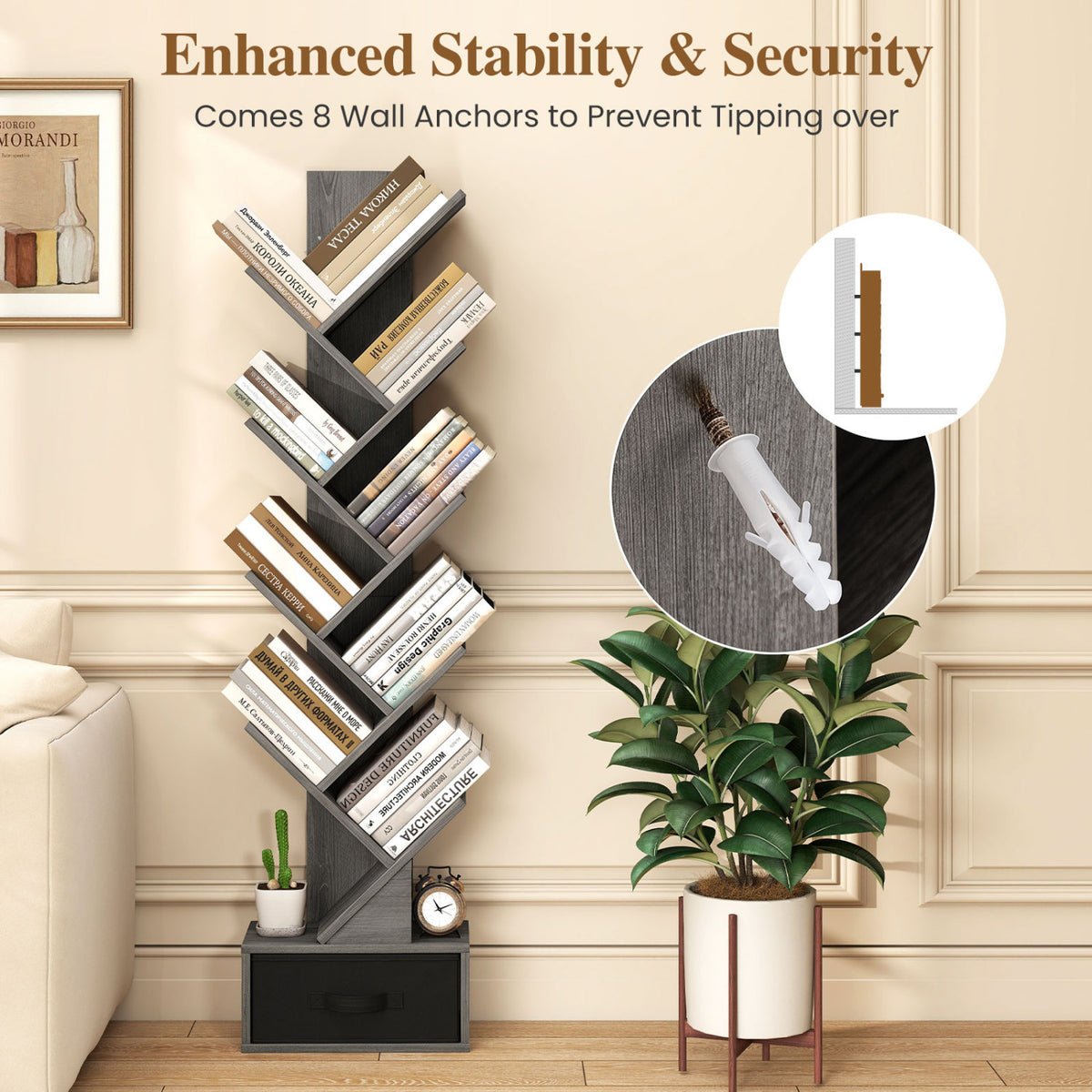 10-Tier Bookshelf with Fabric Drawer – Black & Gray
