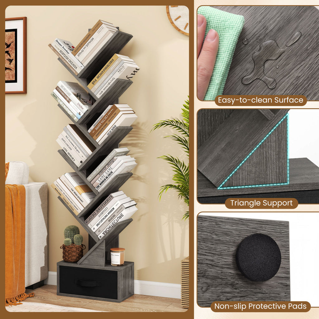 10-Tier Bookshelf with Fabric Drawer – Black & Gray