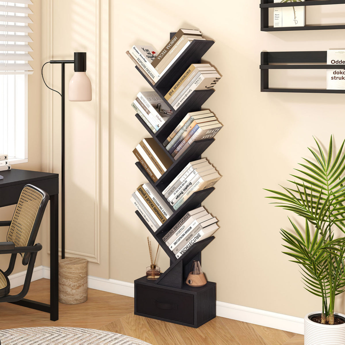 10-Tier Bookshelf with Drawer Free-standing Storage Bookcase
