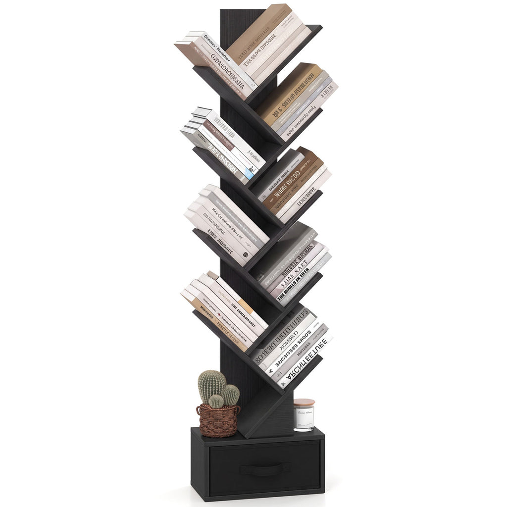 10-Tier Bookshelf with Drawer Free-standing Storage Bookcase