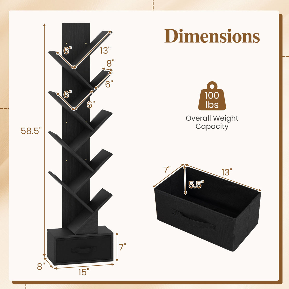 10-Tier Bookshelf with Drawer Free-standing Storage Bookcase