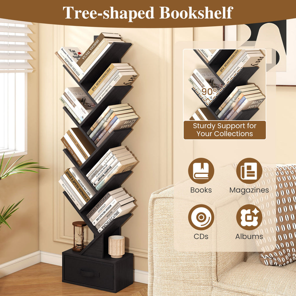 10-Tier Bookshelf with Drawer Free-standing Storage Bookcase