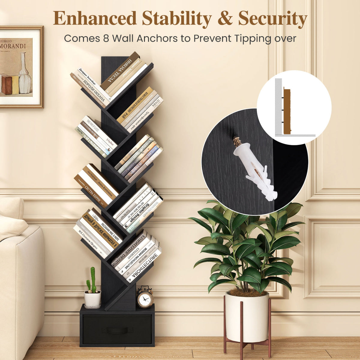 10-Tier Bookshelf with Drawer Free-standing Storage Bookcase