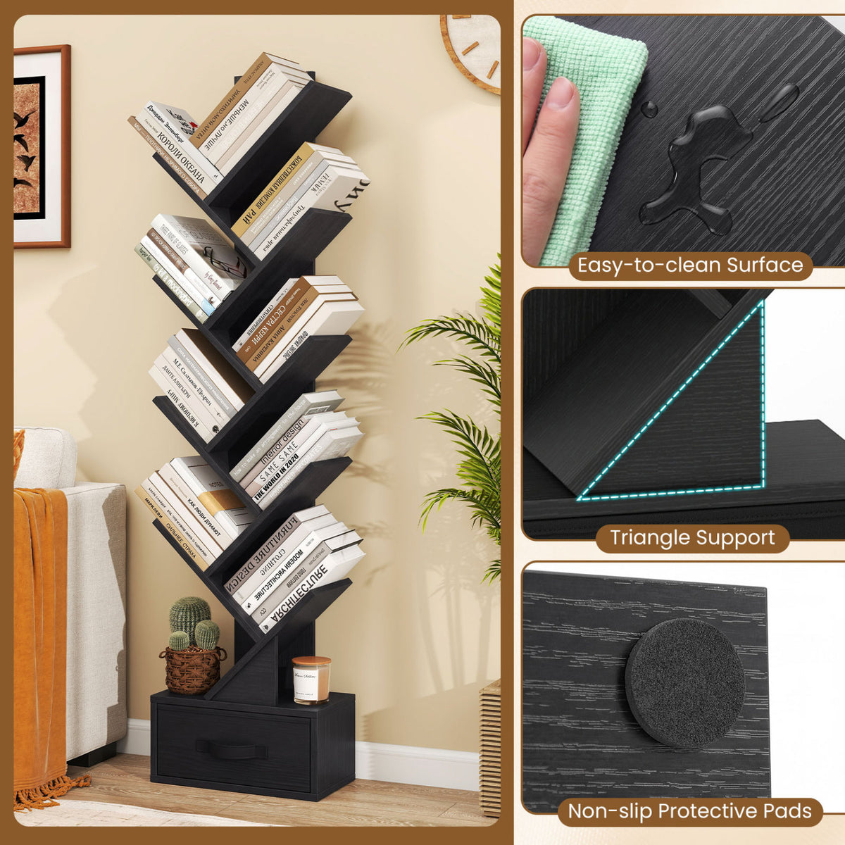10-Tier Bookshelf with Drawer Free-standing Storage Bookcase