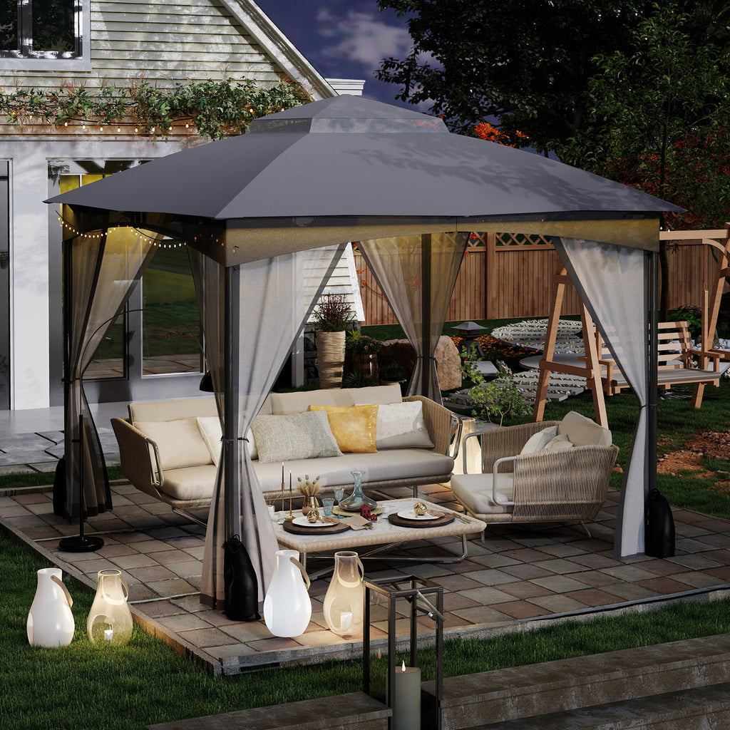 10 x 10 FT Patio Gazebo with Netting Walls & Sandbags - Gray