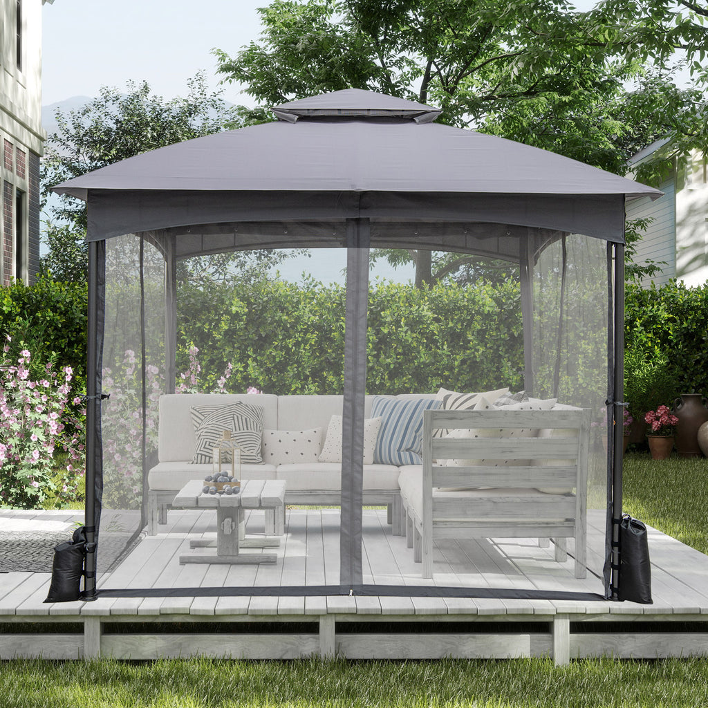 10 x 10 FT Patio Gazebo with Netting Walls & Sandbags - Gray