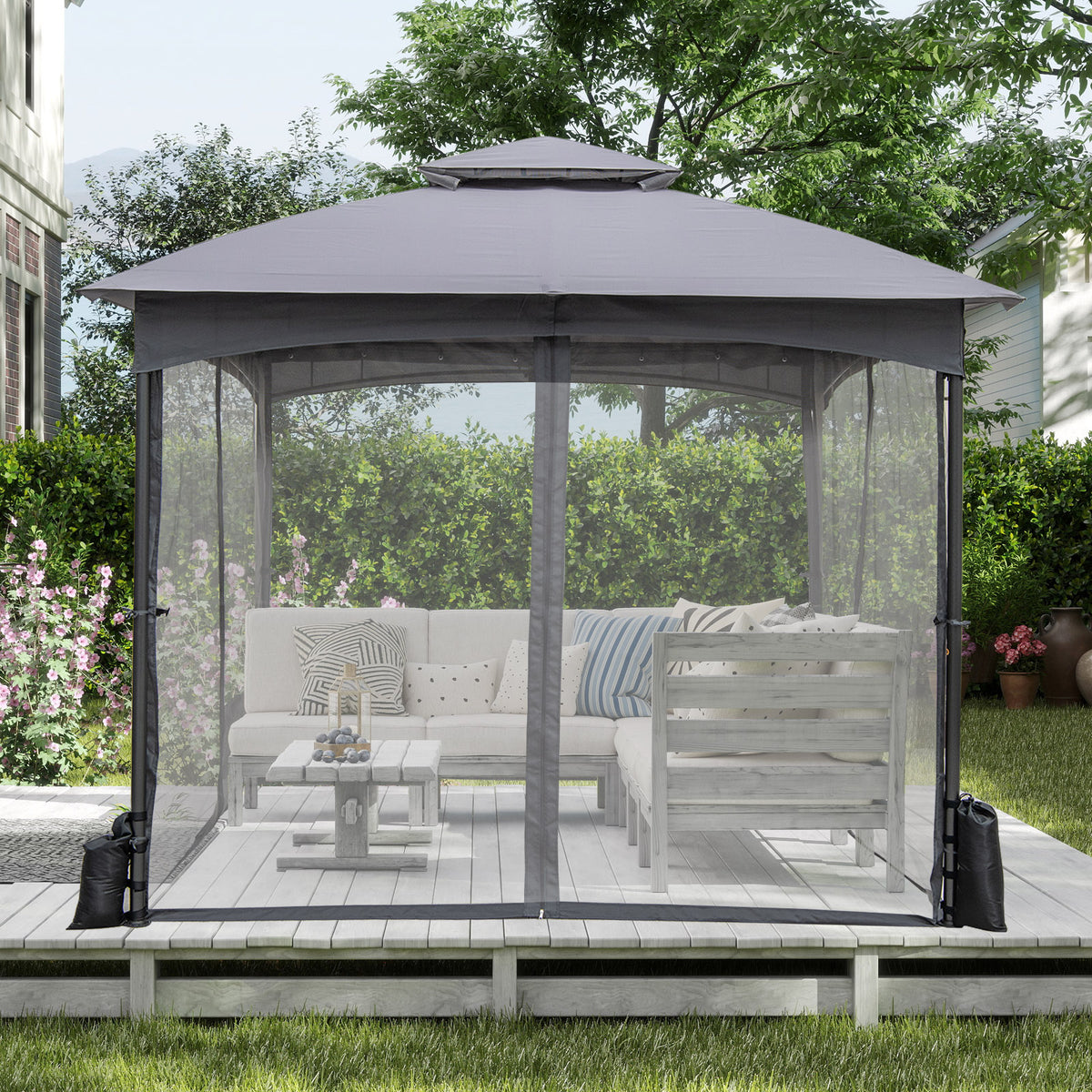 10 x 10 FT Patio Gazebo with Netting Walls & Sandbags - Gray