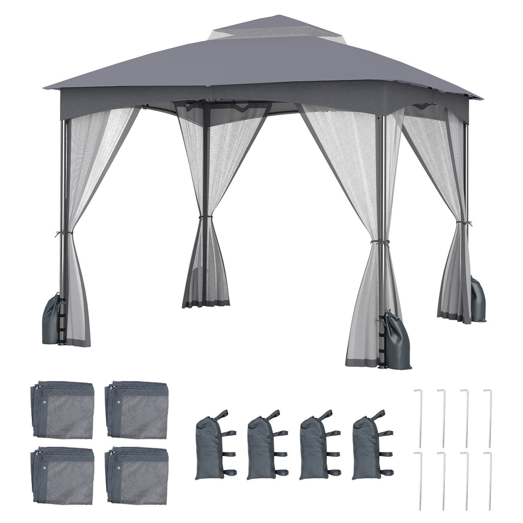 10 x 10 FT Patio Gazebo with Netting Walls & Sandbags - Gray