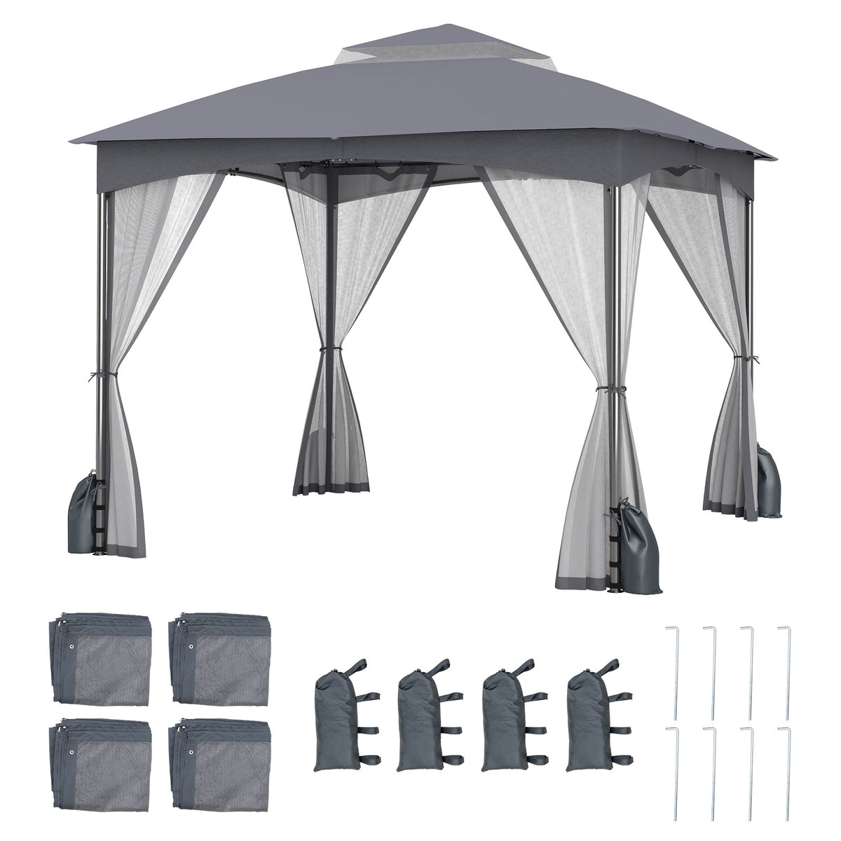 10 x 10 FT Patio Gazebo with Netting Walls & Sandbags - Gray
