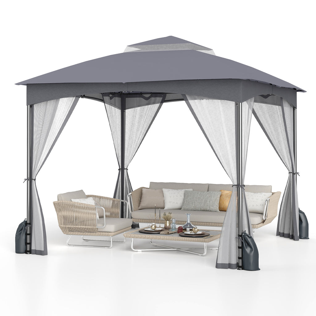 10 x 10 FT Patio Gazebo with Netting Walls & Sandbags - Gray