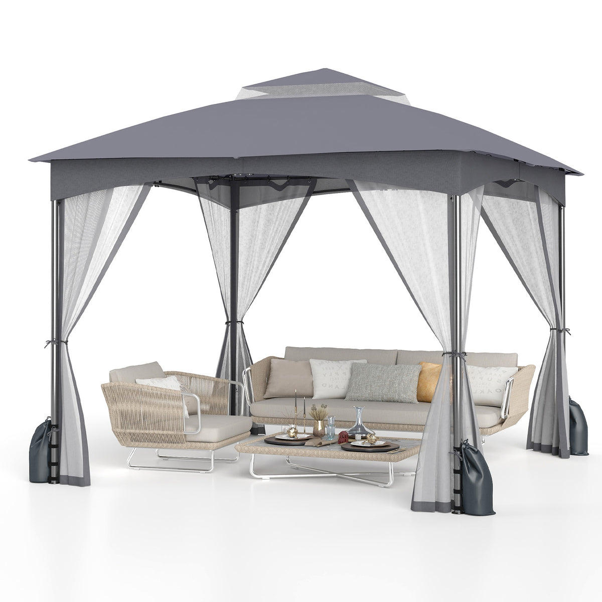 10 x 10 FT Patio Gazebo with Netting Walls & Sandbags - Gray
