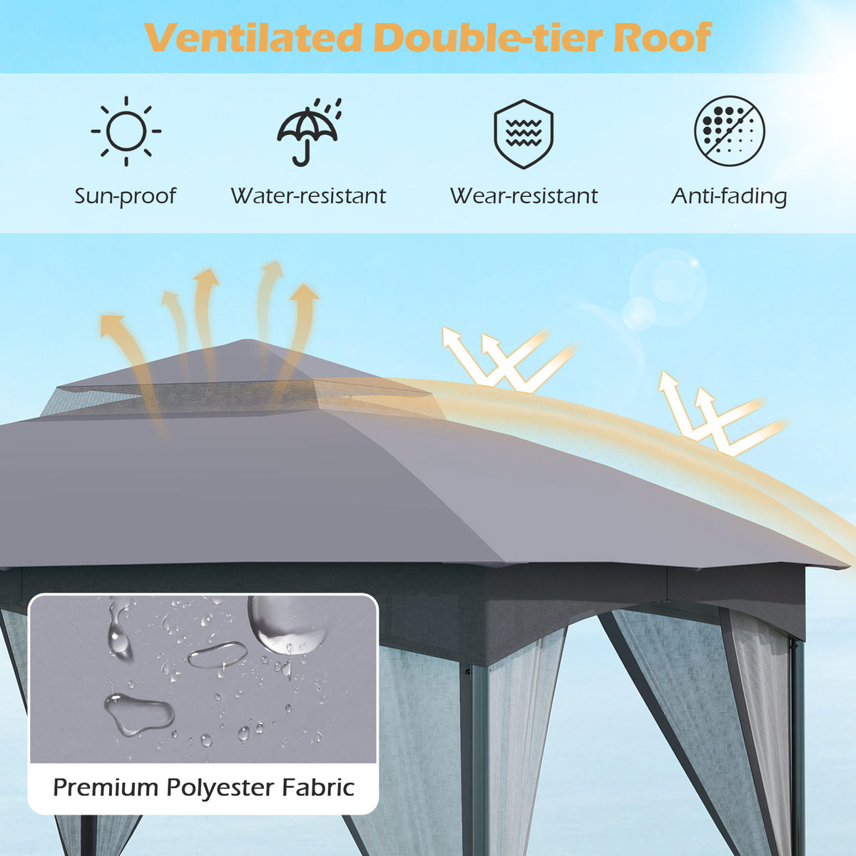 10 x 10 FT Patio Gazebo with Netting Walls & Sandbags - Gray