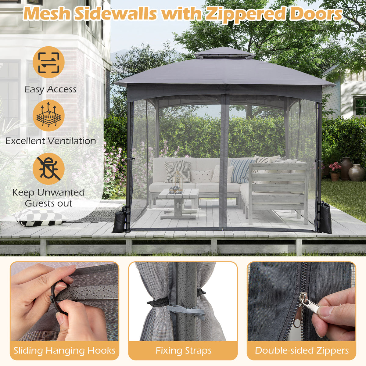 10 x 10 FT Patio Gazebo with Netting Walls & Sandbags - Gray