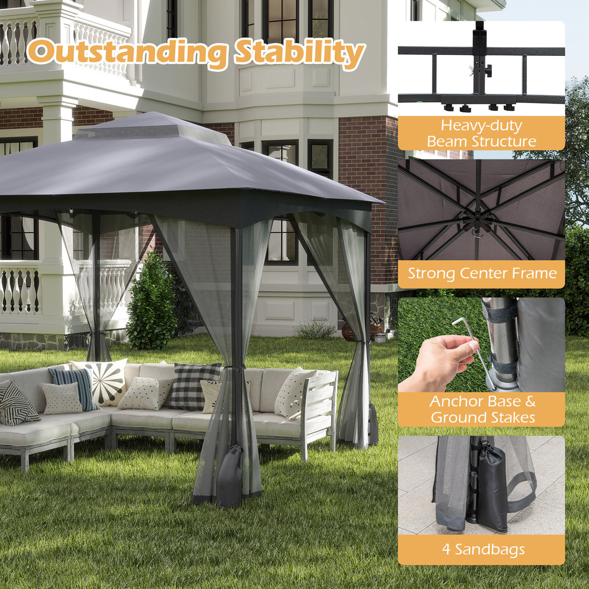 10 x 10 FT Patio Gazebo with Netting Walls & Sandbags - Gray