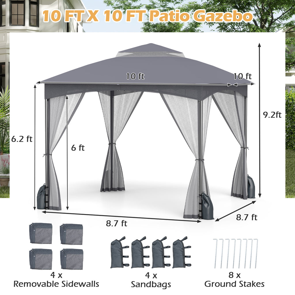 10 x 10 FT Patio Gazebo with Netting Walls & Sandbags - Gray
