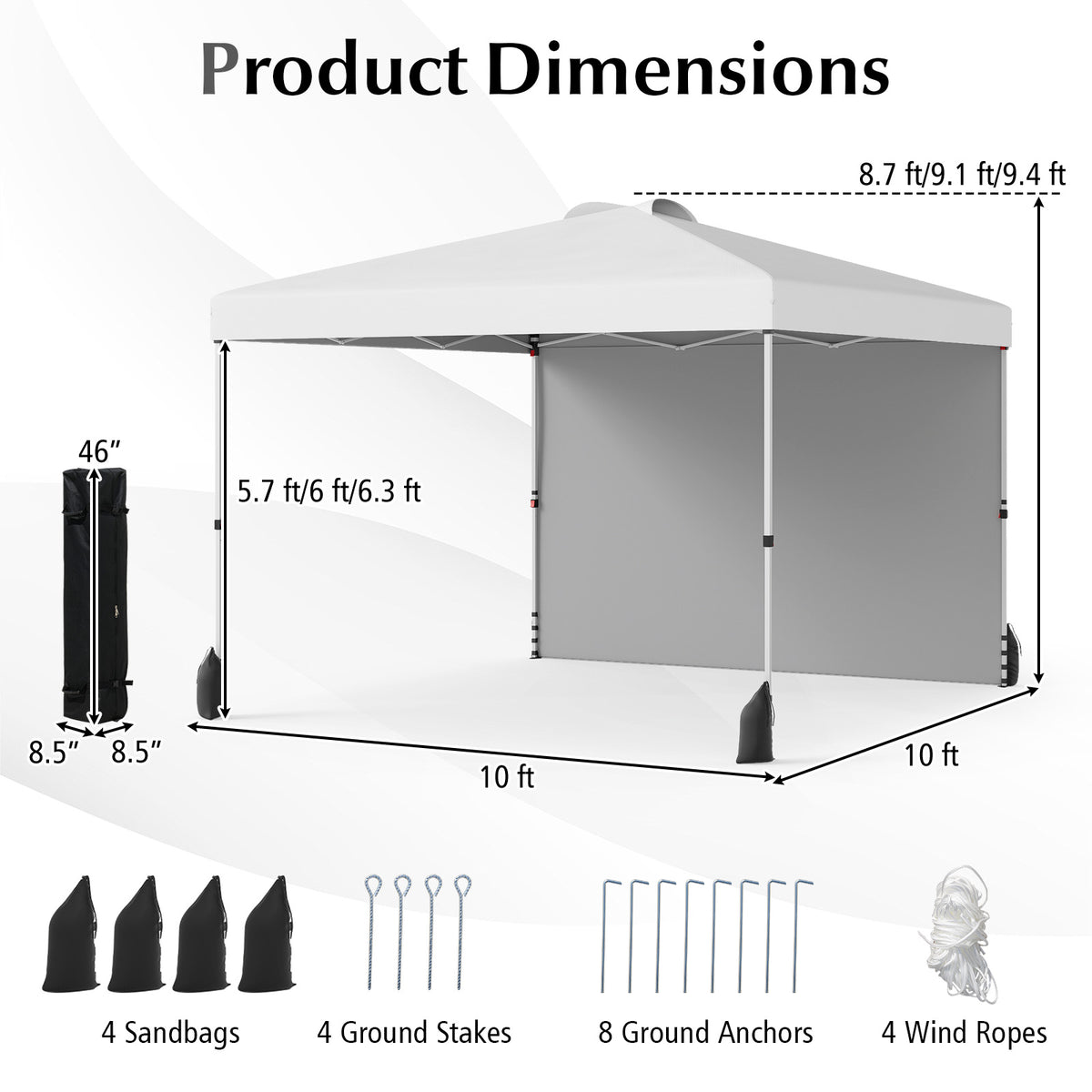 10 x 10 FT Pop-Up Canopy Tent with Sidewall - White
