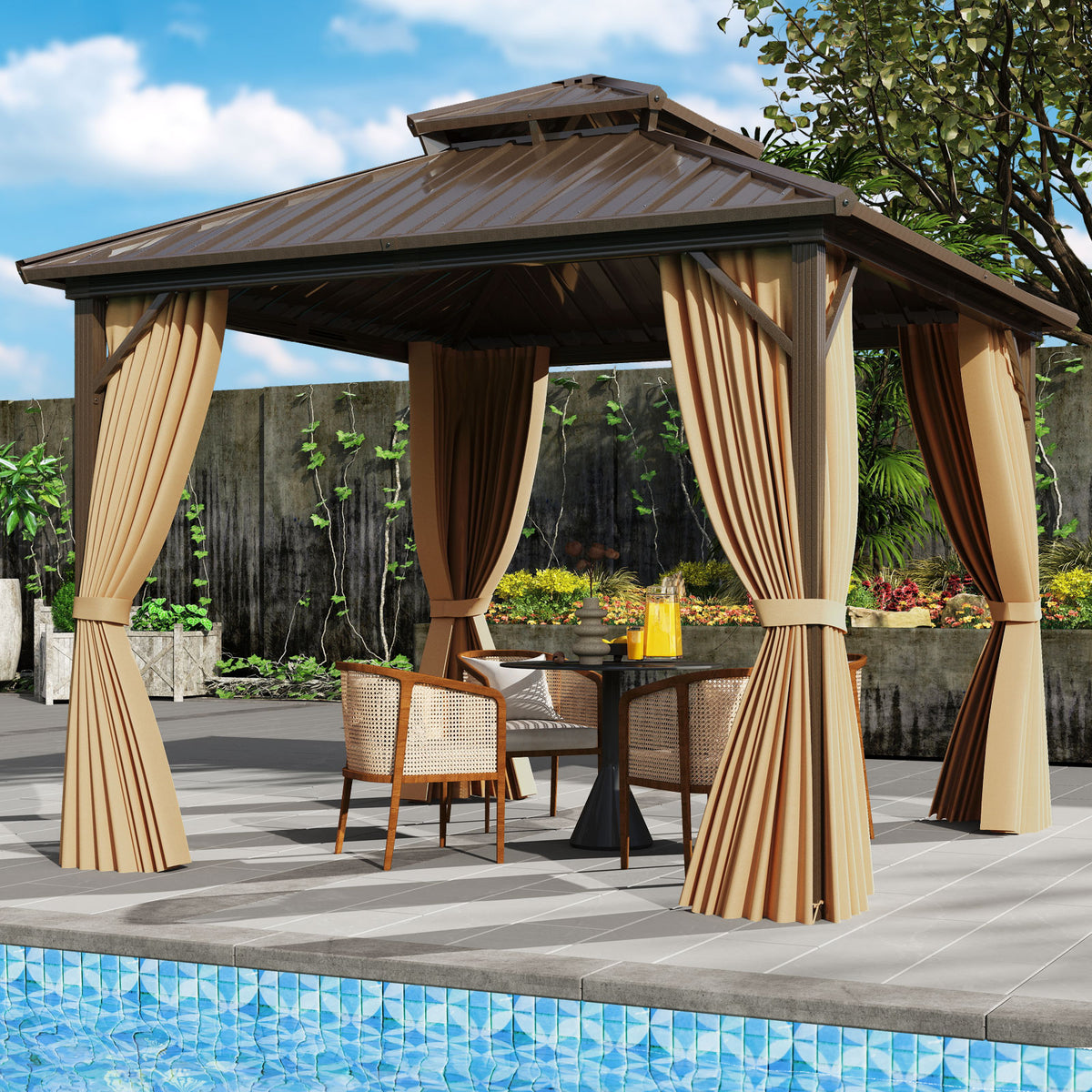 10 X Feet Hardtop Gazebo with Netting and Curtain for Patio Backyard