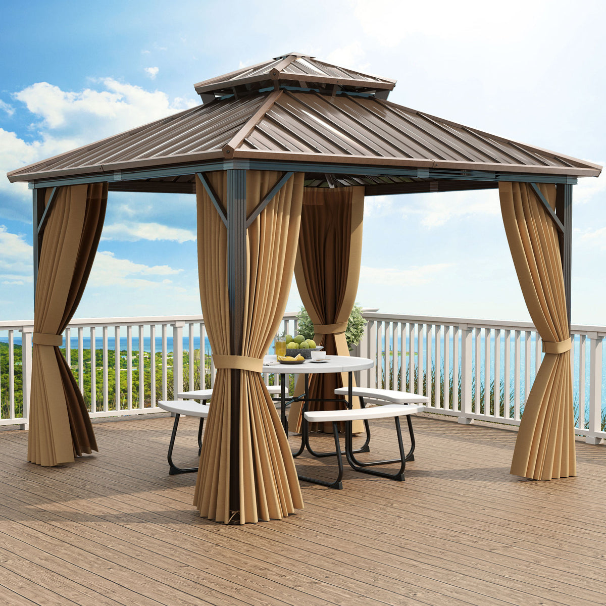 10 X Feet Hardtop Gazebo with Netting and Curtain for Patio Backyard