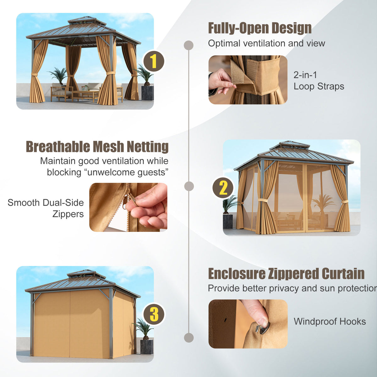 10 X Feet Hardtop Gazebo with Netting and Curtain for Patio Backyard