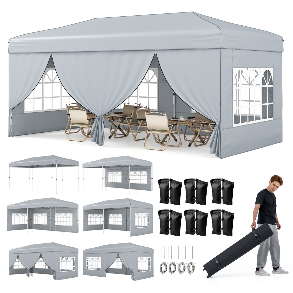 10 x 20 Feet Pop-Up Canopy Tent with 6 Sidewalls - Gray