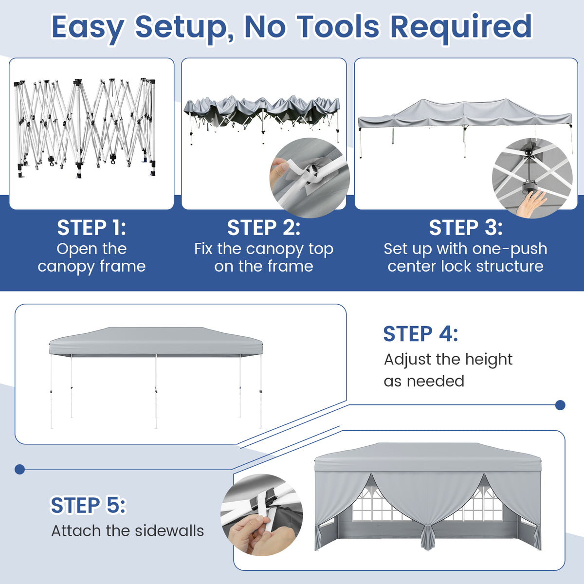 10 x 20 Feet Pop-Up Canopy Tent with 6 Sidewalls - Gray