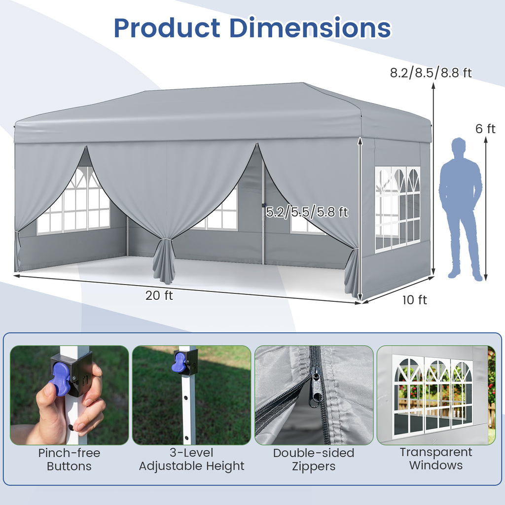 10 x 20 Feet Pop-Up Canopy Tent with 6 Sidewalls - Gray