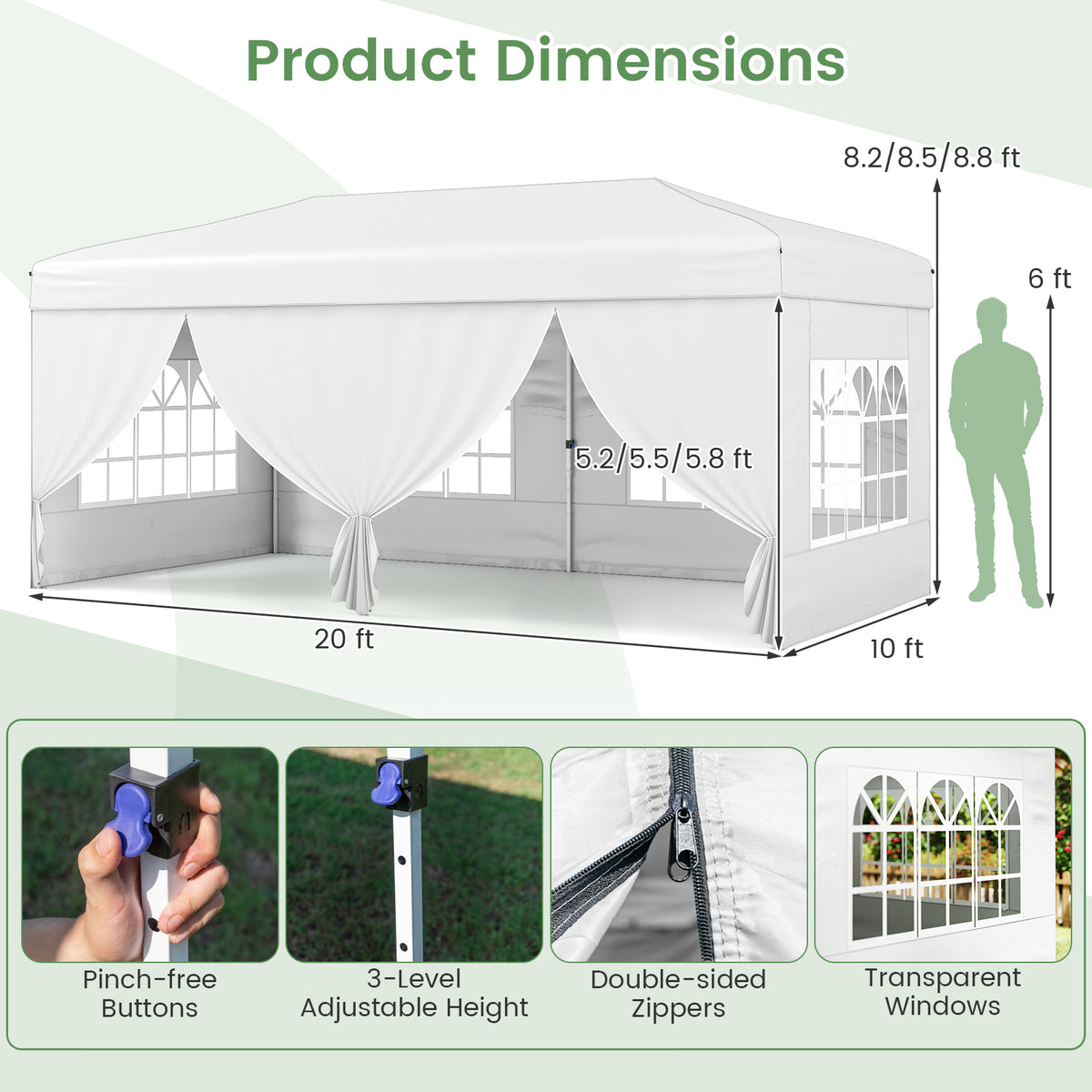 10 x 20 Feet Pop-Up Canopy Tent with 6 Sidewalls - White
